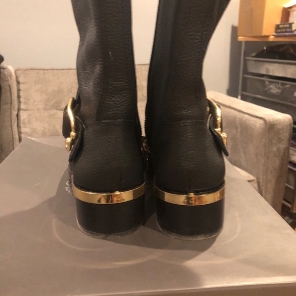 VINCE CAMUTO BLACK LEATHER MID CALF BOOTS WITH GOLD HARDWARE - Picture 2 of 7